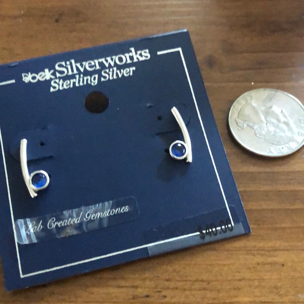NWT silver earrings, modern, lab created sapphire